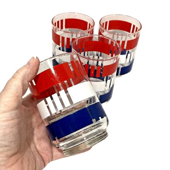 Vintage Libbey Glasses (4) Red White & Blue Americana Mod Stripes Patriotic Set - Picture 5 of 9